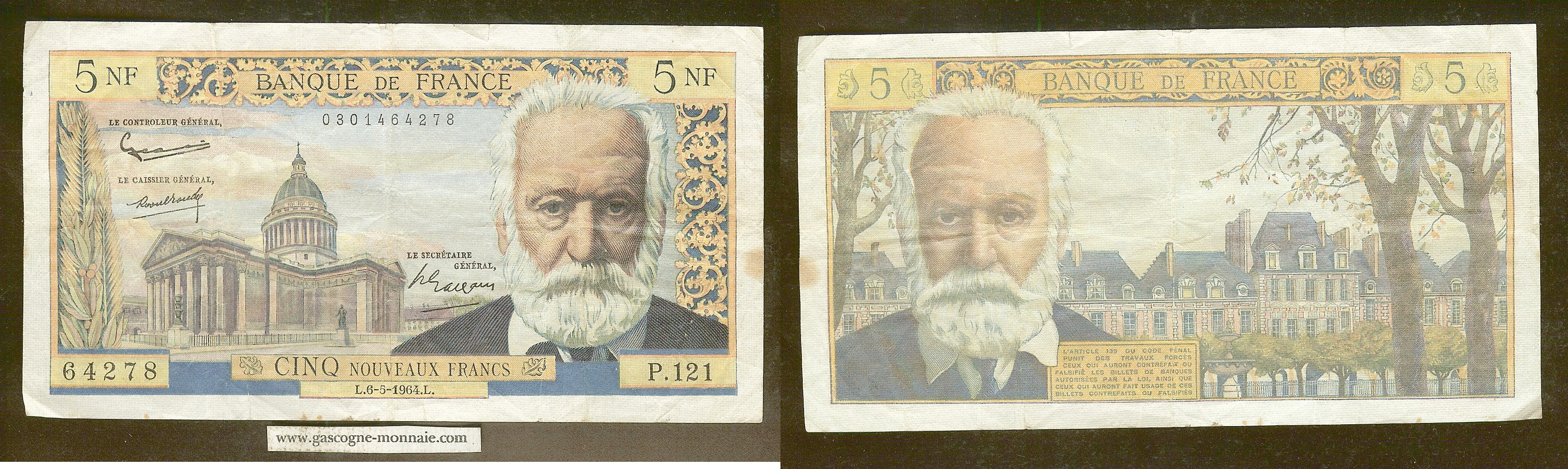 5 francs Victor Hugo 6.5.1964 gF